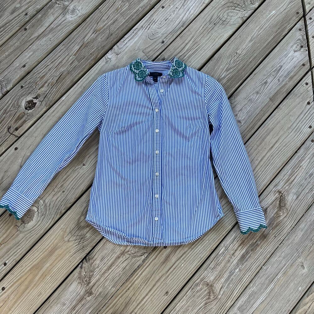 J.Crew Women's Blue & White Striped Embroidered Collar Shirt Size 00